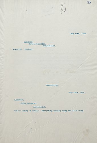 Frick wires Carnegie a coded telegram