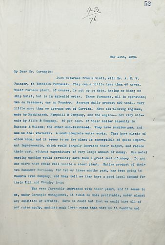 Frick writes to Carnegie to describe the state of the Isabella Furnaces and to mention a piece of artwork he recently bought which is to be exhibited