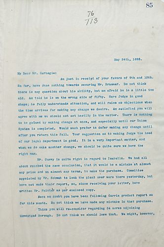Frick writes Carnegie reporting how some of the mines are doing, indicating that there is land that he wants to buy, and that he does not wish to travel abroad this year