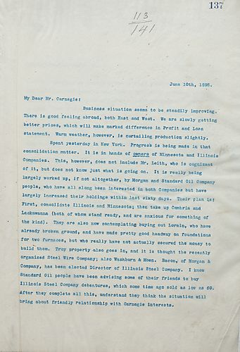 Frick writes Carnegie about a possible merger between multiple companies and the viability of Chicago or Pittsburgh as a manufactoring center