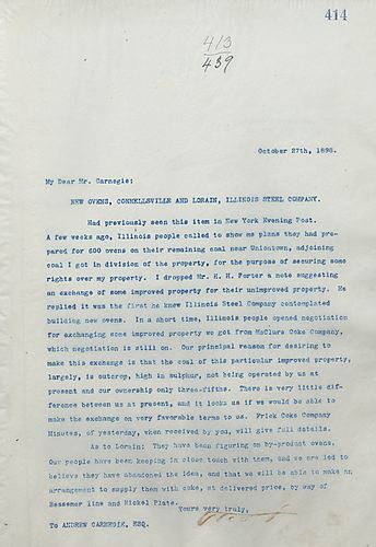 Frick comments on the article, "New Ovens, Connellsville and Lorain, Illinois Steel Company" in the New York Evening Post, and writes on Illinois Steel Company desiring a property exchange with them