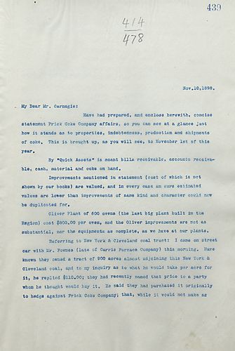 Frick writes Carnegie about property and enclosed a statement of the Frick Coke Company affairs