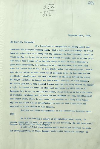 Frick writes on accepting Mr. [John] Pontefract's resignation as Supply Agent and encloses Pontefract's account at November 30, 1898