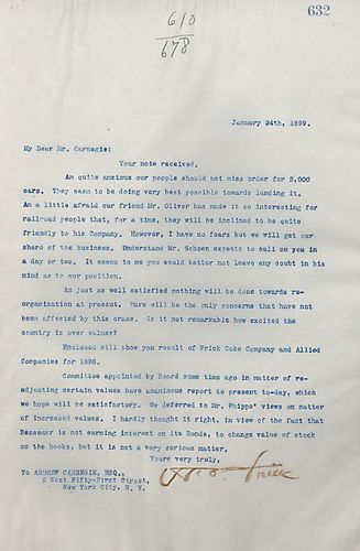 Frick writes on an order for 2,000 cars and includes results for Frick Coke Company and Allied Companies for 1898