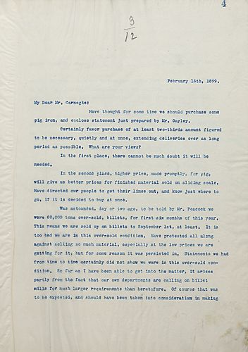 Frick writes on purchasing pig iron and being told by Mr. [Alexander] Peacock that they were 60,000 tons over-sold on billets