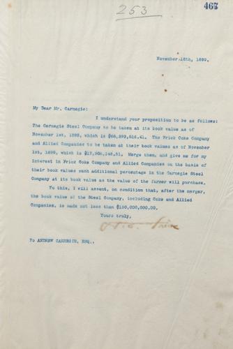 Frick writes to Carnegie to propose a deal in which the Carnegie Steel Company and the Frick Coke Company and Allied Companies merge into one entity