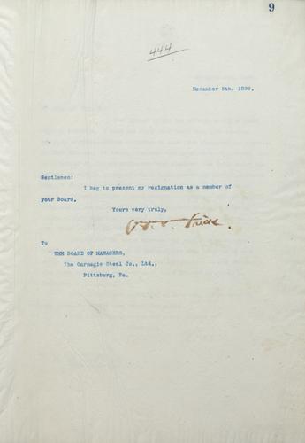 Frick presents his resignation as a member of the board