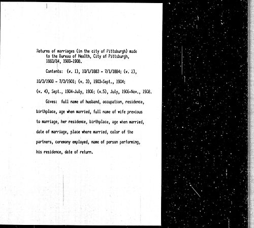 Returns of Marriages from the First Trinity Evangelical Lutheran Church (in the city of Pittsburgh) made to the Bureau of Health, City of Pittsburgh