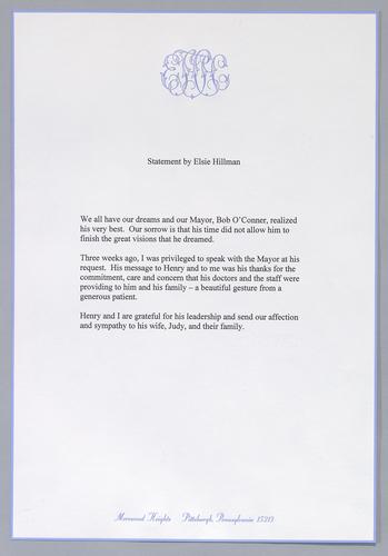O'Connor, Bob, Statement by Hillman on the Death of Pittsburgh Mayor Bob O'Connor