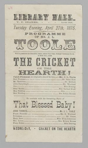 Theatre program - The Cricket on the Hearth!; and That Blessed Baby! with Mr. J. L. Toole