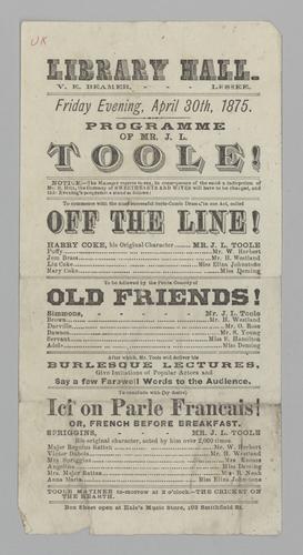 Theatre program - Off the Line!; Old Friends!; and Ici on Prale Francais! with Mr. J. L. Toole