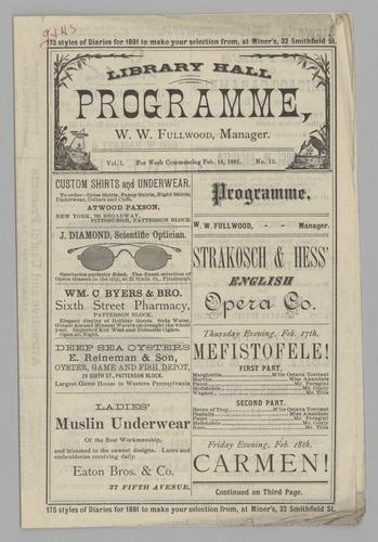Opera program - Strakosch & Hess Englsh Opera Co. in Mefistofele! and Carmen!