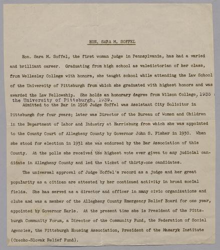 Hon. Sara M. Soffel, Biographical data