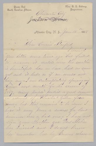 Correspondence, to Cousin Stanford (Sarah Sweeney)