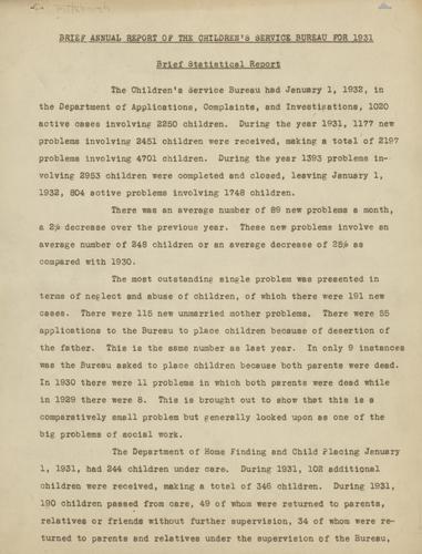 Annual Report, "Brief Annual Report of the Children's Services Bureau for 1931"