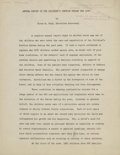 Annual Report, "Annual Report of the Children's Service Bureau for 1938, Susan M. Boyd, Executive Secretary"