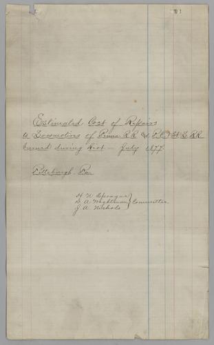 Estimated Cost of Repairs to Locomotives of Pennsylvania Railroad and Pittsburgh, Cincinnati and St. Louis Railroad Burned During Riot -- July, 1877,