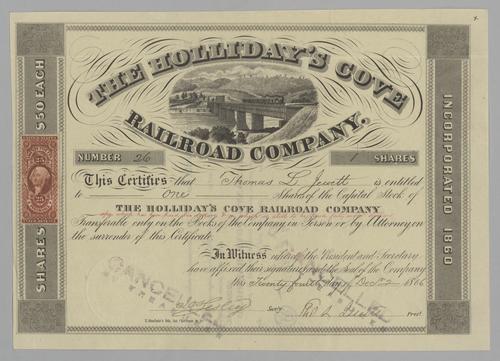 Holiday's Cove Railroad Co. Stock Certificate