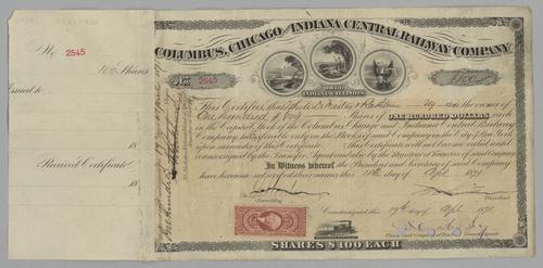 Columbus, Chicago and Indiana Central Railway Company Stock Certificate