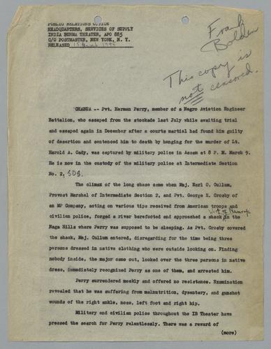 Draft of Article Regarding Pvt. Herman Perry