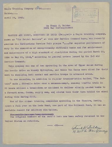 Draft of "Negro Trucking Company Cited"