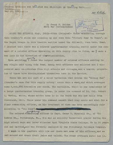 Draft of "Colored Officers and Enlisted Men Highlight QM Trucking Unit"