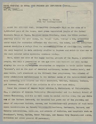Draft of "Negro Hospital in Burma Wins Friends and Influences People"