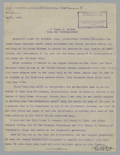 Draft of "Alcan Engineers Arrive in India-Burma Theater"