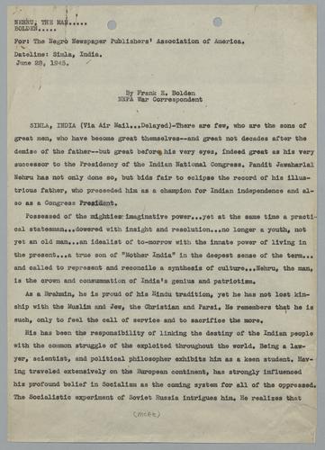 Draft of "Nehru, the Man"