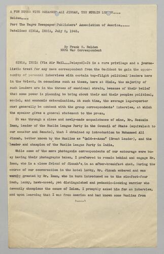 "A Few Hours with Mohammad Ali Jinnah, the Muslim Leader"