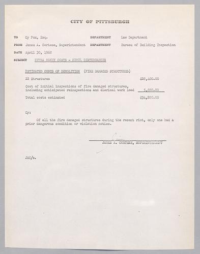 Memo by Superintendent James A. Cortese (Bureau of Building Inspection) to Attorney Cy Fox (Law Department), regarding "Extra Money Costs--Civil Disturbances"