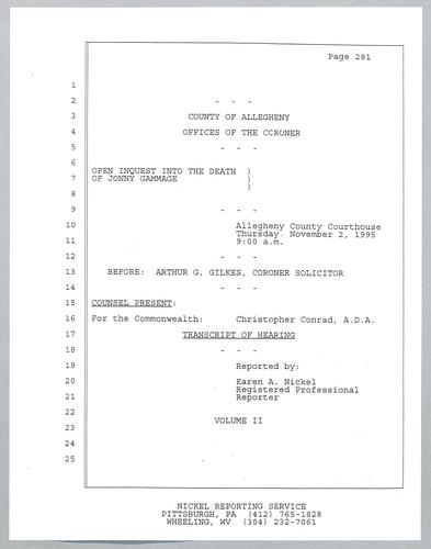 Coroner's Open Inquest into the death of Jonny Gammage, Testimony on November 2, 1995