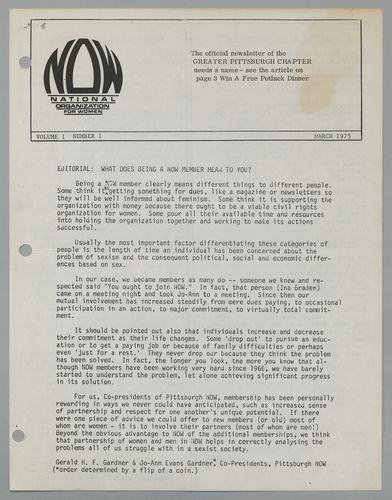 National Organization for Women, Inc. NOW-Greater Pittsburgh Chapter, Vo. 1 No. 1