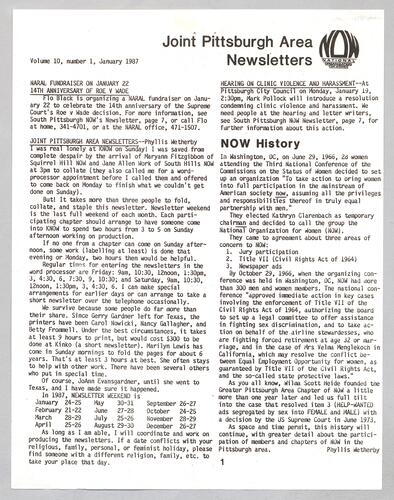 National Organization for Women, Greater PGH Area Chapter, Joint Pittsburgh Area Newsletter