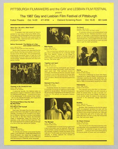 The 1987 Gay and Lesbian Film Festival of Pittsburgh, Fulton Theatre and Oakland Screening Room