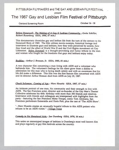 The 1987 Gay and Lesbian Film Festival of Pittsburgh, Oakland Screening Room
