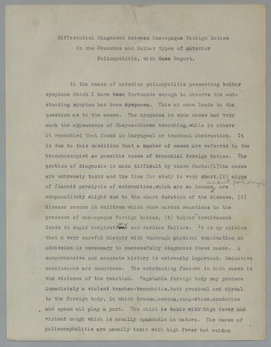 "Differential Diagnoses Between Non-Opaque Foreign Bodies in the Bronchus and Bulbar Types of Anterior Poliomyelitis with Case Report"