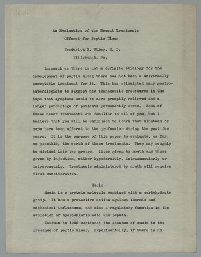 Dr. Frederick B. Utley, "An Evaluation of the Recent Treatments Offered for Peptic Ulcer"