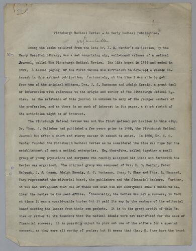 "Pittsburgh Medical Review - An Early Medical Publication"