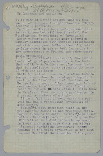 Dr. A. Vernon Hicks, "Etiology and Prophylaxis of Pneumonia"