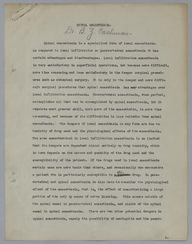Dr. B. Z. Cashman, "Spinal Anaesthesia"