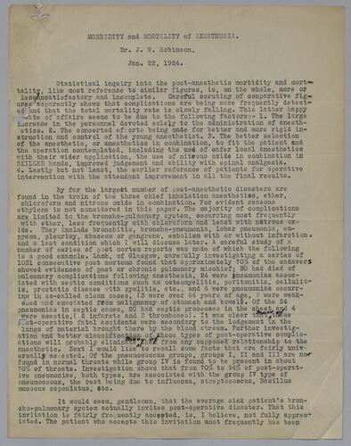 Dr. J. W. Robinson, "Morbitity and Mortality of Anesthesia"