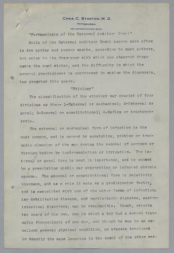 Dr. Chas. C. Stanton, "Furunculosis of the External Auditory Canal"