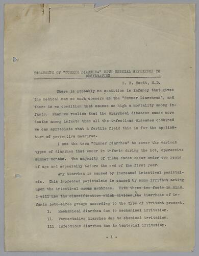 Dr. Z. R. Scott, "Treatment of 'Summer Diarrhea' wiht Special Referenec to Dehydration"