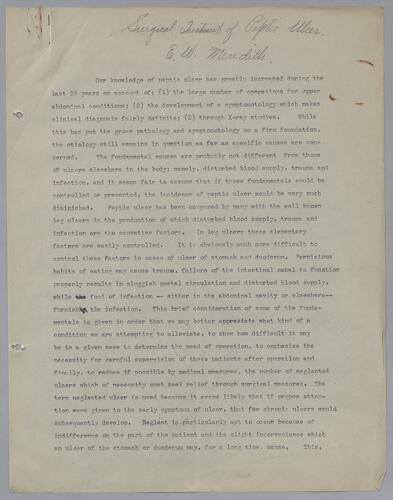 Dr. E. W. Meredith, "Surgical Treatment of Peptic Ulcer"