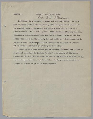 Dr. E. E. Mayer, "Heredity and Intelligence" (absract)