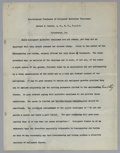 Dr. Edward B. Heckel, "Non-Surgical Treatment of Malignant Epibulbar Neoplasma"
