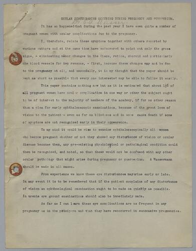 Dr. E. U. Weisser, "Ocular Disturbances Occuring During Pregnancy and Puerperium"