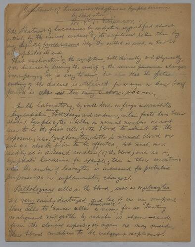 Dr. Ralph V. Robinson" Treatment of Lucaemia Hodgkins and Lymphic Sarcoma"
