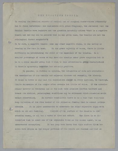 Dr. Watson Warshall, "The Negative Tonsil"